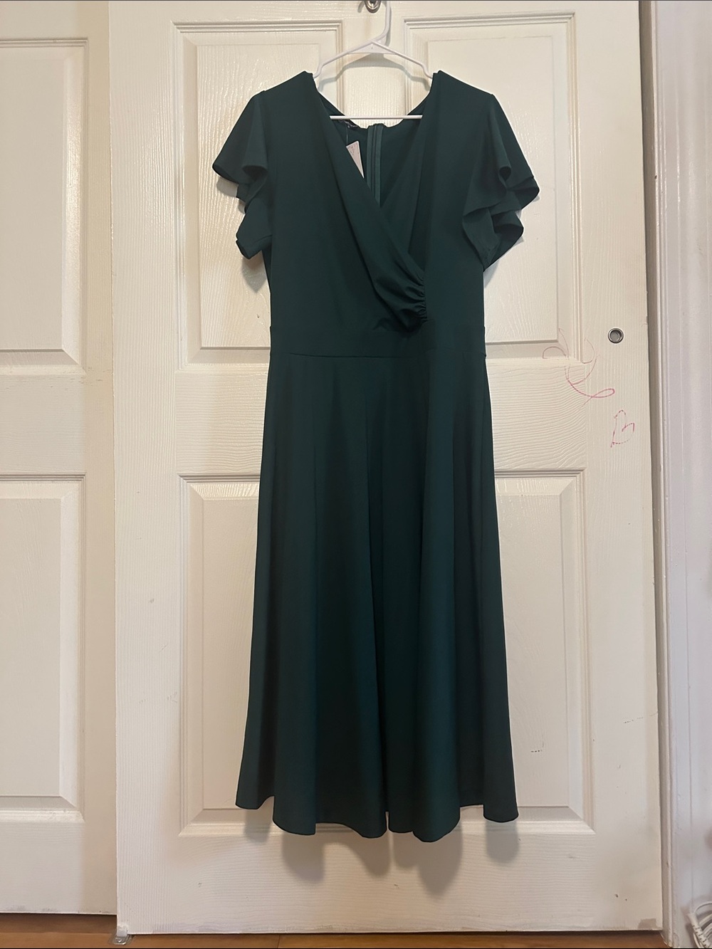 Forest Green Flutter-Sleeve Faux-Wrap Midi Dress